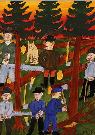 RAFFLER, MAX, * 1902-1988, BETITELT WALD- ARBEIT, NAIVE DARSTELLUNG, GOUACHE AUF PAPIER,GERAHMT UND VERGLAST, MAßE OHNE RAHMEN CA. 31 X 23 CM, ...