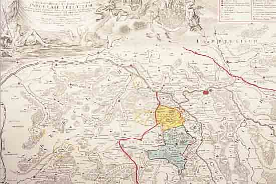 ALTKOLOR. KUPFERSTICHK., K. V. HOMANN, CA. 1740, GEOGRAPHICA DESCRIPTIO MONTANI CUIUSDAM DISCRITCTUS IN FRANCONIA... PARTI- CULARE ...