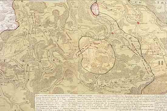 SEHR GROßE ALTKOLOR. KUPFERSTICHK. V. HOMANN, CA. 1750, EIN THEIL DES HUNDSRUCKS MIT DEN ANGRAENZENDEN MAYNZ U. TRIERISCHEN LAENDERN IN IV ...