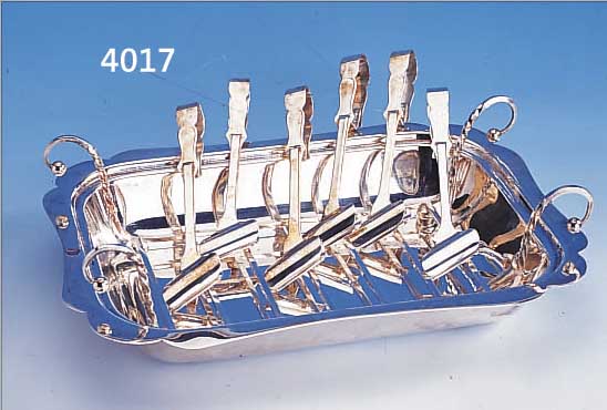 SPARGELSCHALE MIT EINSATZ UND 6 SPARGEL- ZANGEN, METALL VERSILBERT, SCHALE: 4.5 X 29.5 X 20 CM