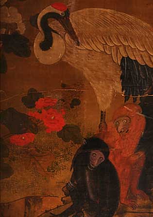 SEIDENMALEREI, CHINA, 19. JAHRHUNDERT, BUNTE FEINE GOUACHEMALEREI AUF SEIDE, DARST. VON KRANICH UND AFFE, MIT ALTERSSPUREN, CA.