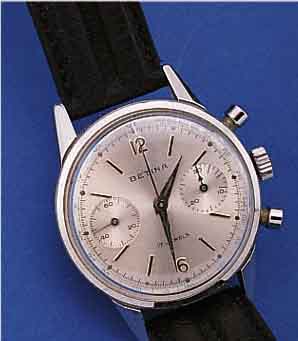 BETINA ARMBANDUHRCHRONOGRAPH, SCHWEIZ CA. 1967, EDELSTAHLGEH., BODEN GESCHR., BLATT VERS., 30-MIN. STOPPZäHLER, 17 STEINE, BASIS- KAL., VENUS ...