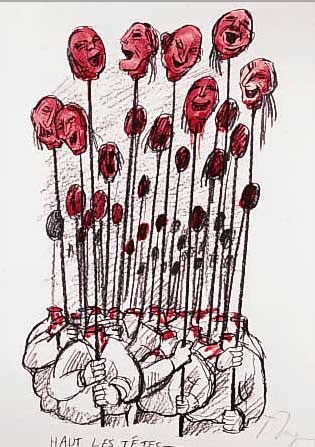 UNGERER, TOMI, HAUT LES TETES, LITHO- GRAPHIE IN SCHWARZ UND ROT, HANDSIGNIERT UND NUM. 39/100, CA. 41 X 31 CM
