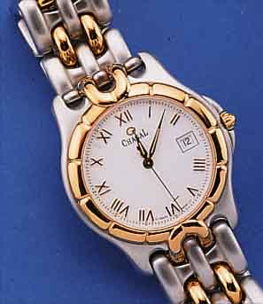 CHAGAL HERRENARMBANDUHR, SCHWEIZ UM 1994, EDELST. MATT. INCL. BAND, ZWISCHENGL. WIE LüNETTE HARTVERG., BOMB. SAPHIRGL., BODEN GEDR., ...