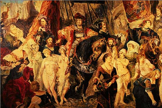 PEDERSEN, J.L.V.,, UM 1880-90, EINZUG EINES HERRSCHERS IN EINE STADT, ÖL/LWD, LI. U. SIGN., CA. 80 X 145 CM