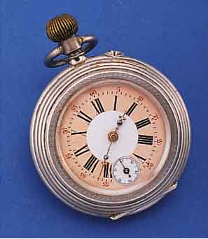 HERRENTASCHENUHR, SCHWEIZ UM 1885, SILBER, PERF. 2-FARB. EMAILBL., ORIG.-STIL-FORMZEIGER,15 ST., BRüCKENANKERW., BIMET. TEILGESCHL. KOMP.-UNR., ...