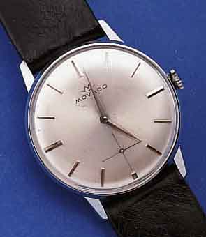 MOVADO HERRENARMBANDUHR, SCHWEIZ UM 1960, UNGETR. LAGERW., ORIG.-ZUST., LAGERSP. MINIM.,CHROM, BODEN U. GLASR. GEDR., 17 ST., RUND- ANKERW., ...