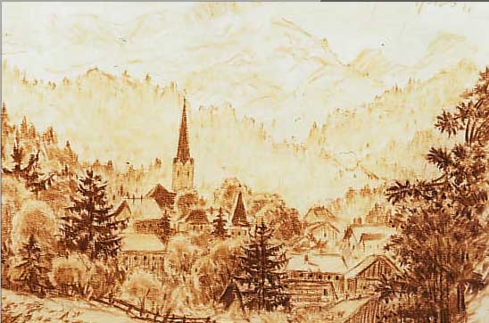 SPIROSPIRO, EUGEN, 1874-1972, DORF IM VORGEBIRGE, SEPIAZEICHNUNG AUF PAPIER, RE. O. SIGN. UND DAT. 21, CA. 24 X 34,5 CM, PP, U.GL., R. WIRD IN DEN ...