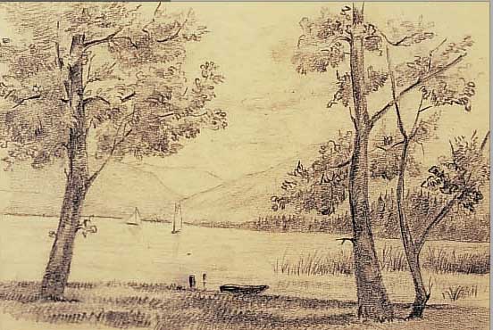 SPIRO, EUGEN, 1874-1972, WVZ, BAUMBESTANDENES SEEUFER, BLEISTIFTZEICHNUNG, RE. U. SIGN., CA. 24 X 32,5 CM, U.GL., R.