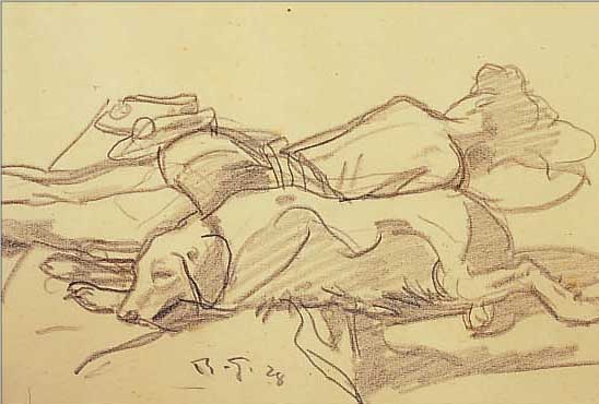 GUDDEN, RUDOLF, KRONBERGER MALERKOLONIE, GEB. 1863 WERNECK/UNTERFRANKEN, MäDCHEN UND HUND BEIM SONNENBAD, BLEISTIFTZEICHNUNG AUF GEBRäUNTEM ...