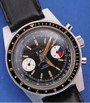 EBF ARMBANDCHRONOGRAPH, SCHWEIZ UM 1968, EDELST., BODEN U. KRONE GESCHR., BEI FERTIG- ST. WASSERD. BIS 200 M, LüNETTE ZUR 2.-ZEIT M. ...