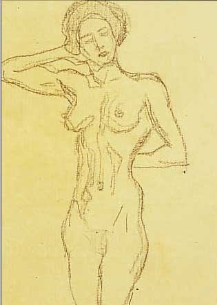 WIMMER, FRITZ, 1879-1960, STEHENDER WEIBLICHER AKT, BLEISTIFT AUF GEBRäUNTEM PAPIER, CA. 33 X 18 CM, U.GL., R., VGL. WVZ ...
