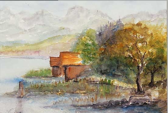 SPIRO, EUGEN, 1874-1972, BOOTSHüTTE AM GEBIRGSSEE, AQUARELL AUF PAPIER,RE. U. SIGN. UND DAT. 59, CA. CA. 19 X 15 CM, WIRD IN DEN ...