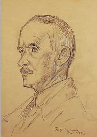 WIMMER, FRITZ, 1879-1960, PORTRäT, WOHL DES THOMAS MANN, BLEISTIFT UND FARBSTIFT (BLAU) AUF PAPIER (GEBRäUNT), RE. U.SIGN. UND ...