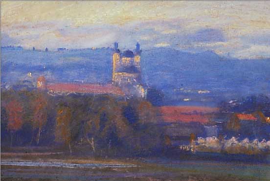 UNTERSEHER, FRANZ XAVER, GEB. 1888 GöPPINGEN, WAR ANSäSSIG IN KEMPTEN, DAS SCHLOß IN KEMPTEN, PASTELLKREIDE AUF PAPIER, RE. U. SIGN. UND ...