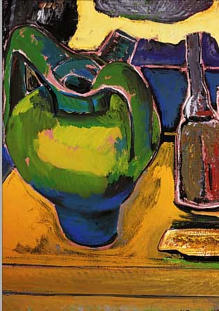 DREWS-HöLTER, URSULA, GEB. 1947 KIEL, STILLEBEN MIT VASE UND FLASCHEN, ÖL/HARTFASER,RE. U. SIGN., CA. 56,5 X 56,5 CM, R.
