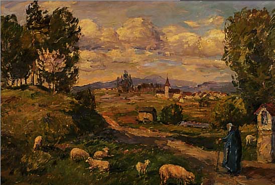 MESSERSCHMITT, PIUS FERDINAND, 1858 BAMBERG-1915 SOLLN, LANDSCHAFT MIT SCHäFER VOR MARTERL, ÖL/LWD, LI. U. SIGN., CA.46 X 69 ...