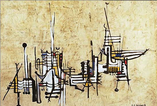 FISCHER, PIT, MALER DES 20. JH., DüSSELDORF,ABSTRAKTE ANSICHT, GOUACHE AUF GRüNGRAUMARMO- RIERTEM GRUND, RE. U. SIGN. UND DAT. 56, CA. 46 X 63 ...