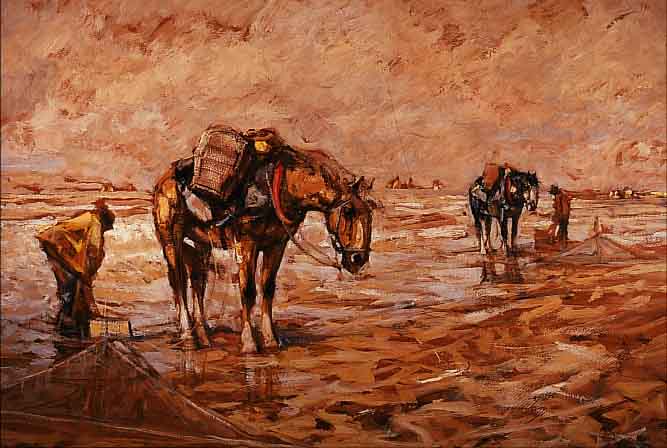 SEYLER, JULIUS, PROF., GEB. 1873 MüNCHEN, FISCHER AM STRAND, ÖL/MALKARTON, M. 69 X 100 CM; R., VERSO RESTE AUSTELLUNGSETIKETT