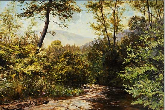 FROMMHOLD, ERNST, GEB. 1879 LEIPZIG, WALD- LANDSCHAFT MIT BACH, ÖL/LWD., RE. U. SIGN., 60 X 80 CM, R.