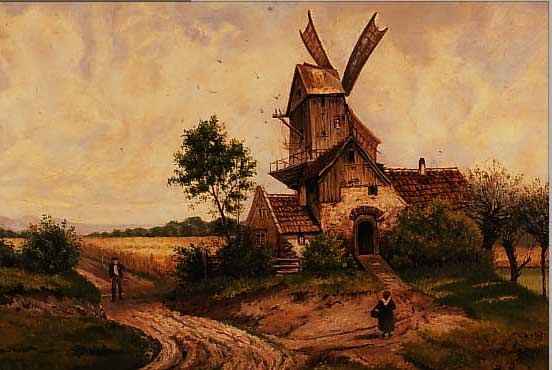 UNBEKANNTER NIEDERLäNDISCHER MALER, 19. JH., LANDSCHAFT MIT WINDMüHLE U. PERSONEN, ÖL/ LWD., UNSIGN., M. 54,5 X 82 CM, R., RüCKSEI- TIGE ...
