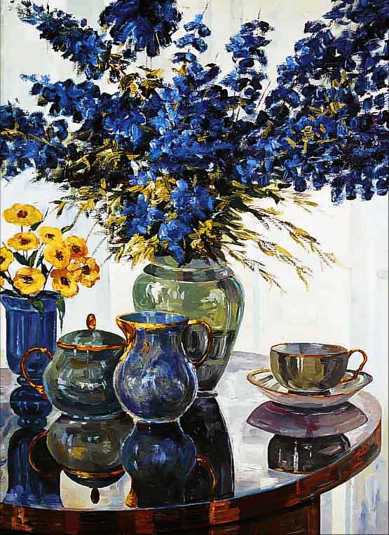 SCHNEIDER, HANS, DAT. (19)46, BLUMENSTILLEBEN MIT ZWEI VASEN U. KAFFEEGE- SCHIRR, ÖL/LWD., RE. U. SIGN. U. DAT. 46, 70 X 55 CM, ...