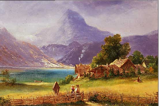 EBERT, CARL, *1821 STUTTGART-1885 MüNCHEN, LANDSCHAFT MIT SEE, GEHöFT U. PERSONENSTAFFAGEIN HOCHGEBIRGE, ÖL/HOLZ, 24X34 CM, R., ...