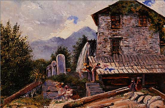 BAVIS, L., 1872-1948, WASSERMüHLE VOR GEBIRGSLANDSCHAFT MIT RASTENDEN U. WäSCHE- WASCHENDEN FRAUEN, ÖL/HOLZ, U. LI. SIGN., 31 X 38 ...