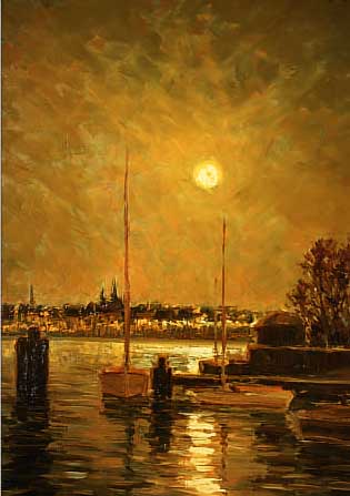 BAIER, HANS K., MALER AUS OBERSTDORF/ALLGäU, SEEUFERLANDSCHAFT IM MONDLICHT, ÖL/HARTFASER,LI. U. SIGN., CA. 70 X 52 CM, RR.