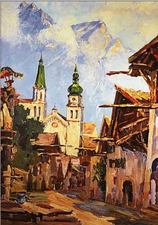 UNBEKANNTER KüNSTLER, 20ER JAHRE, DORFANSICHT BEI INNSBRUCK, ÖL/LWD, RE. U. UNLESERLICH SIGN., CA. 80 X 70 CM, R.