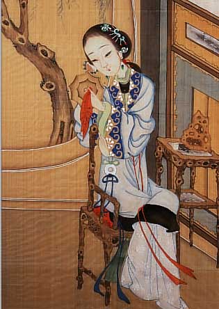 ZWEI JAPANISCHE SEIDENMALEREIEN, UM 1900, JUNGES MäDCHEN IM GARTEN BZW. IM ZIMMER, GOUACHE AUF SEIDE, JE CA. 58 X 28 CM, U.GL., R