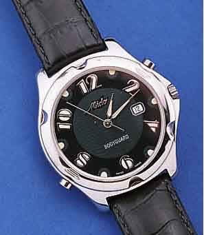 MIDO HERRENARMBANDUHR BODYGUARD, REF.-NR. 5110, SCHWEIZ UM 1996, EDELST. POL., DOPPELBO-DEN AUFGEDREHT, MINERALFLACHGL., ALARMUHR BEI BETäTIGUNG ...