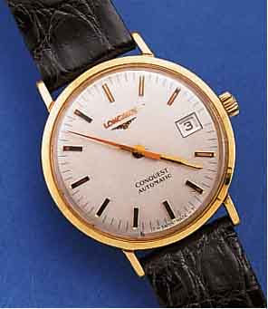 LONGINES HERRENARMBANDUHR CONQUEST AUTOMATIK, REF.-NR. 1589/1, SCHWEIZ UM 1968, METALL HARTVERG., EDELST.-BODEN GESCHR., AUTOMATIK- KAL. L633,1, ...