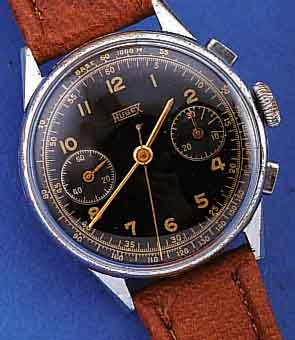 HUGEX ARMBANDCHRONOGRAPH, SCHWEIZ UM 1940, METALL VERCHR., EDELST.-BODEN U. GLASR. GEDR.,AUßER LEDERB. ORIG.-ZUST., ...