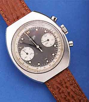 HEUER-LEONIDAS ARMBANDCHRONOGRAPH, SCHWEIZ UM 1968, EDELST., BODEN GESCHR., 30-MIN.- STOPPZäHLER, TACHYMETERAUßENSKALA, 17 ST., ...