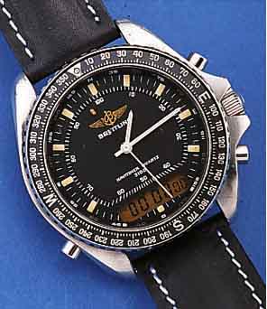 BREITLING ARMBANDCHRONOGRAPH NAVYTIMER/QUARTZ, REF.-NR. 3100,80191,5070, SCHWEIZ UM 1985, EDELST., BODEN U. KRONE GESCHR., QUARTZGEST. ANALOG U. ...