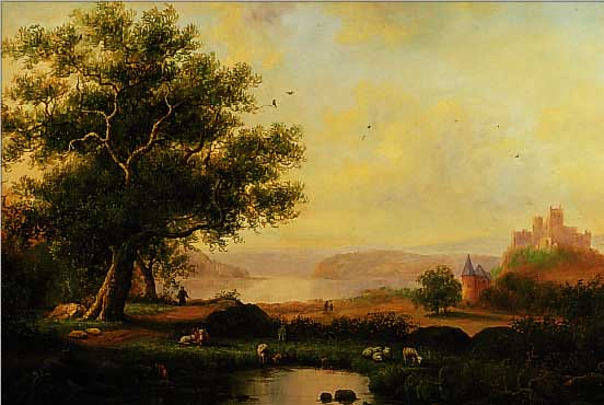 MüHLBACH, PETER, *1957 LINDAU/BODENSEE, DETAILREICHE WEITE FLUSSLANDSCHAFT MIT BURGANSICHT, HIRT UND WEIDEVIEH, ÖL/LWD., SIGN., 50 ...