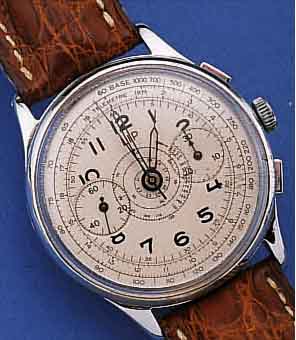 ARMBANDCHRONOGRAPH, REF.-NR. 1053, SCHWEIZ/ FRANKREICH UM 1949, METALLGEH. NACHVERCHR., EDELST.-BODEN U. GLASR. GEDR., BLATT REST., BEZ. LIP, ...