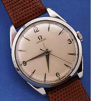 OMEGA HERRENARMBANDUHR, REF.-NR. 2910-2/SC, SCHWEIZ UM 1954, EDELST., BODEN GEDR., VERS. ORIG.-BLATT (ZUM RAND ZU L. FL.), AUßER LEDER-B. ...
