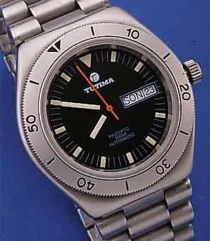 TUTIMA HERRENTAUCHERUHR, REF.-NR. 670, DEUTSCHLAND UM 1994, EDELST. INCL. EDELST.- BAND, MATT., BODEN U. KRONE GESCHR., BEI FERTIGST. ...