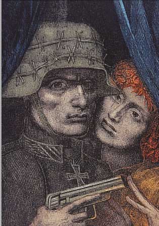 FUCHS, ERNST, PROF., GEB. 1930 WIEN, DER SOLDAT UND SEIN ENGEL, FARBRADIERUNG, HUBER WIEN 1976, NUM. 52/99, HANDSIGNIERT, CA. 17 X 16 ...