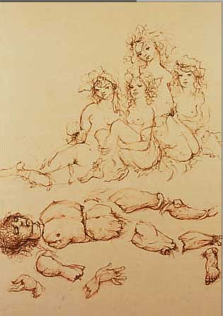 FINFINI, LEONOR, 1908-1996, ORPHEUS UND EURI- DIKE, FARBRADIERUNG, HANDSIGNIERT UND NUM. 143/250, CA. 34 X 26 CM