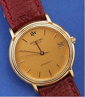RAYMOND WEIL HERRENARMBANDUHR AUTOMATIK, REF.-NR. 2822, SCHWEIZ UM 1997, METALL HART- VERG., BEIDS. MINERALFLACHVERGL., ZENTRAL- SEK., DATUM, ...