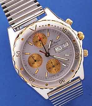 LOUIS REGINE ARMBANDCHRONOGRAPH AUTOMATIK, REF.-NR. 40360065, SCHWEIZ UM 1975, UNGETR. LAGERW., METALL HARTVERCHR., EDELST.-BODEN U. KRONE ...