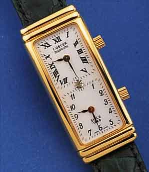 SCHWARTZ ETIENNE 2-ZEITZONEN DAMENARMBANDUHR COSTER/DIAMONDS, SCHWEIZ UM 1998, METALL HARTVERG., EDELST.-BODEN GEDR., GEZ. RECT.- FORM, IN ...