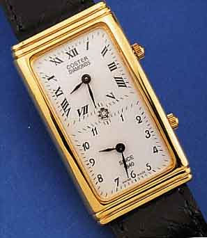 SCHWARTZ ETIENNE 2-ZEITZONEN HERRENARMBANDUHR COSTER/DIAMONDS, SCHWEIZ UM 1998, METALL HARTVERG., EDELST.-BODEN GEDR., GEZ. RECT.- FORM, IN ...
