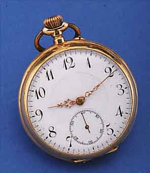 OFFENE HERRENTASCHENUHR, SCHWEIZ UM 1910, ROSE-G. 585/000, BER./DELLIG, MONOGR.-SPIEGEL FREI, EMAILBL. FEIN HAARR. BEI 8, KL. SEK., METALLCUV., ...