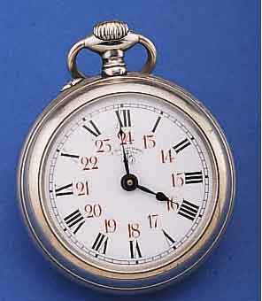 F. BACHSCHMID HERRENTASCHENUHR, NICKEL, SCHWEIZ UM 1908, EMAILBL. FEIN HAARR., M. LUPE ERKENNB., INNEN ROT 13-24, GEBL. ORIG.- STAHLZEIGER, ...