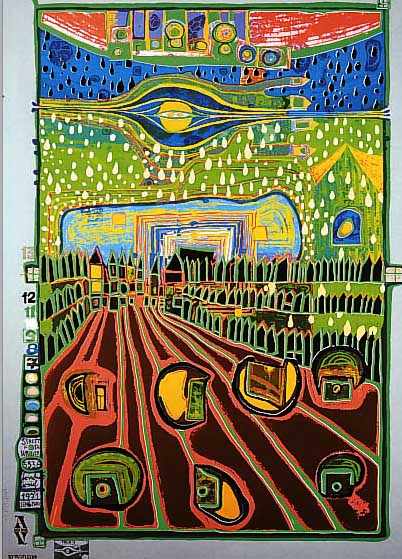HUNDERTWASSER, FRIEDENSREICH, 1928-2000, STRAßE DER ÜBERLEBENDEN, AUS DER REGENTAG- MAPPE, NUM. 2127??/3000, CA. 47,5 X 65,5 CM, ...