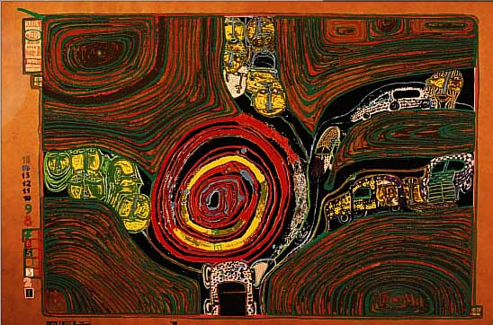 HUNDERTWASSER, FRIEDENSREICH, 1928-2000, KREISVERKEHR, AUS DER REGENTAG-MAPPE, NUM. 1077/3000, CA. 47,5 X 65,5 CM, U.GL., ORIG. RAHMEN, WVZ ...